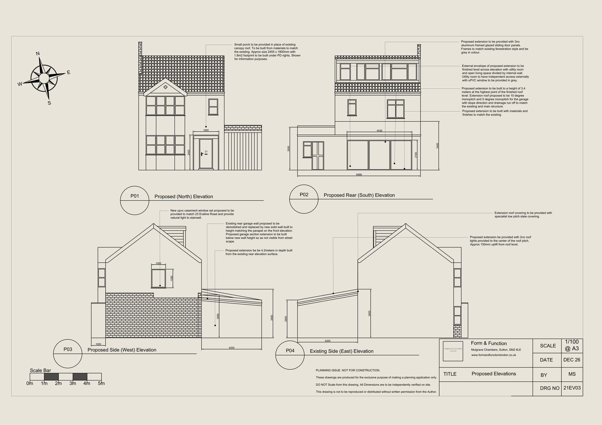 The approved planning drawing sheet for 21 Eveline Road, showing all proposed elevations