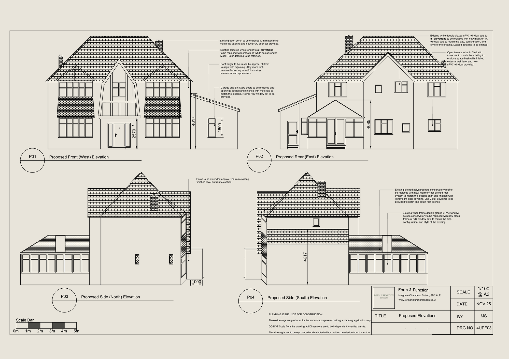 The approved planning drawing sheet for Upfield, Horley, showing all proposed elevations